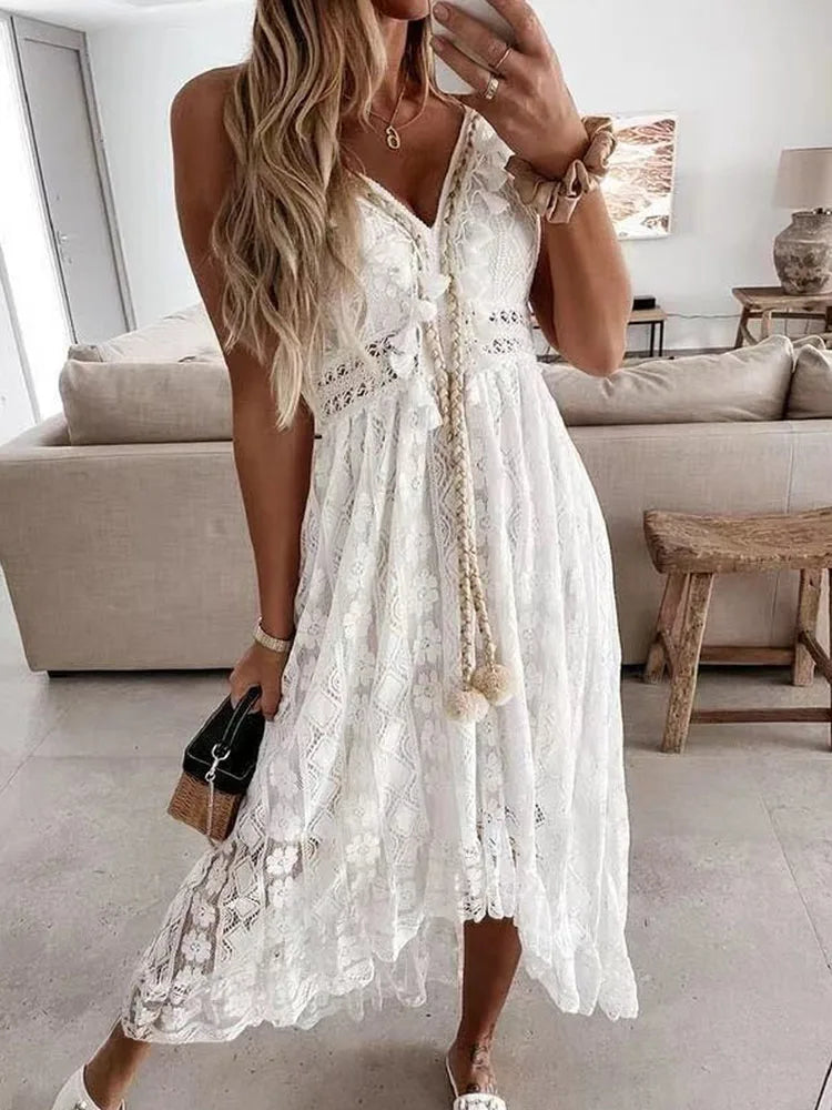 Elegant Lady Summer Lace Dress Holiday V Neck Spaghetti Strap Sundress Boho White Maxi Dress for Women Vestidos De Mujer 22194