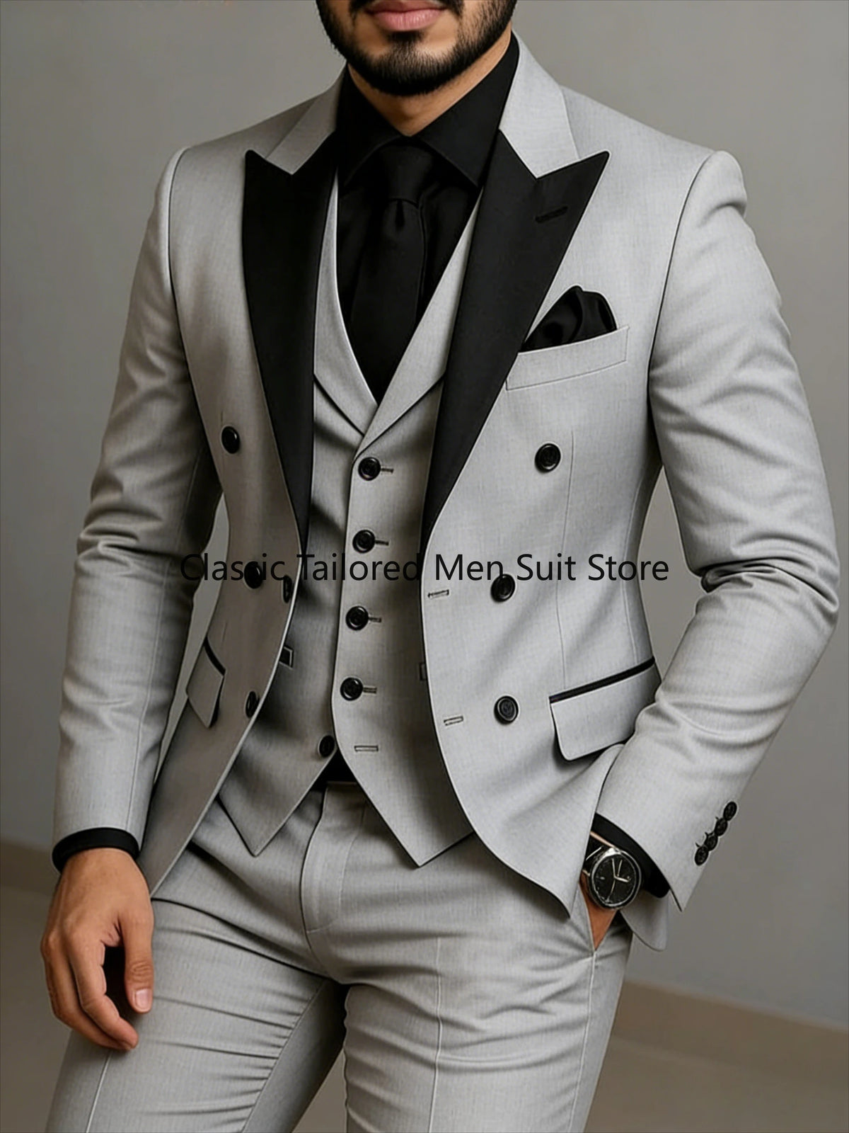 Beige Double Breasted Suit Black Lapel Slim Fit Wedding Suit
