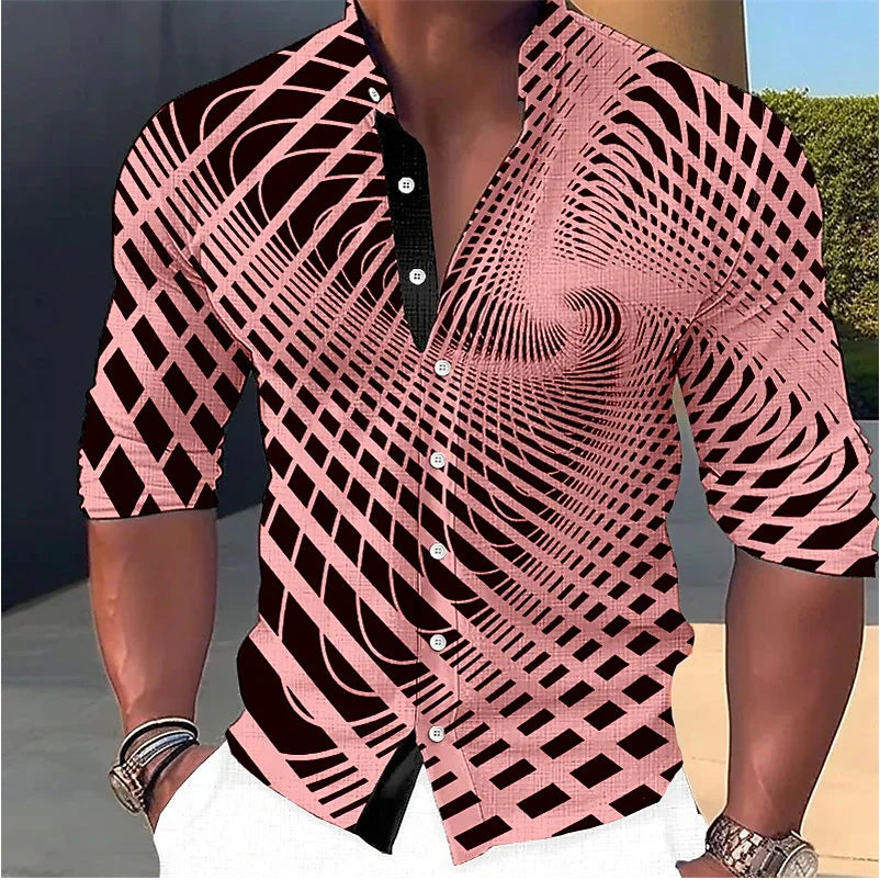 Men's Optical Illusion Graphic Stand Collar Long Sleeve Shirt