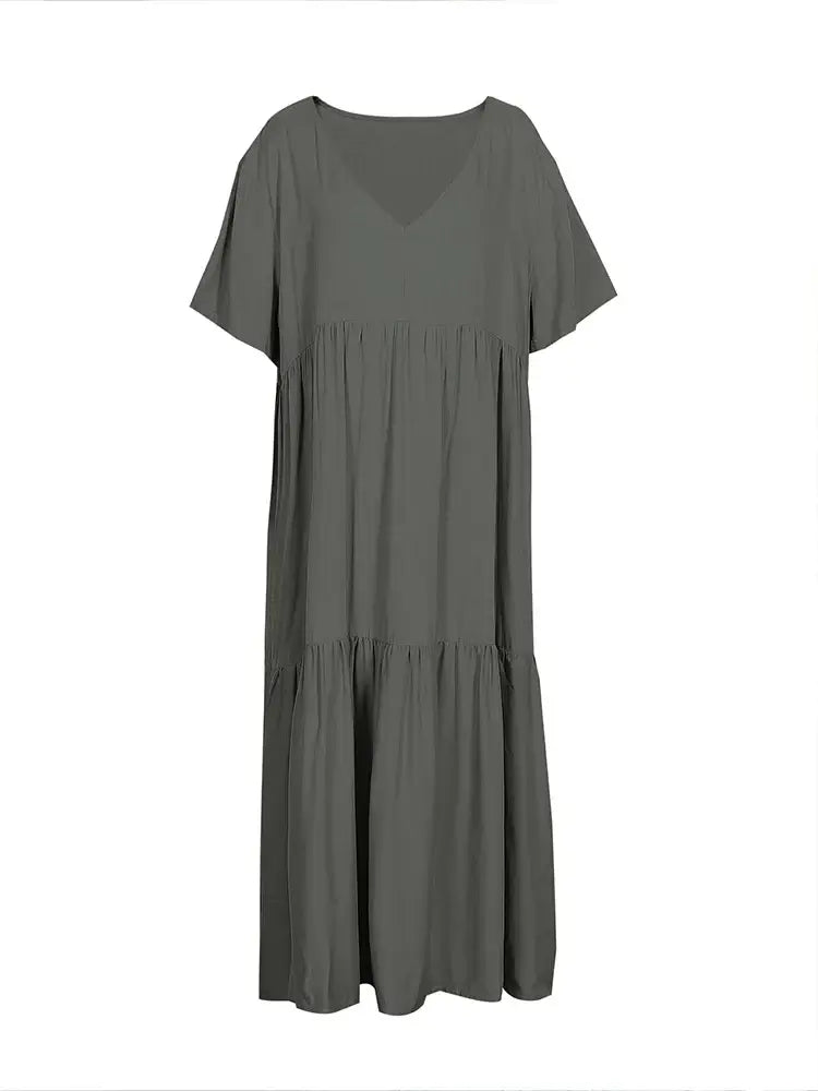 Women's Plus Size Loose V-Neck Pleated Long Dress
