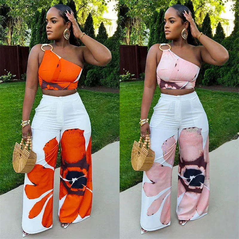 Women's One Shoulder Crop Top and Wide Leg Pants Set