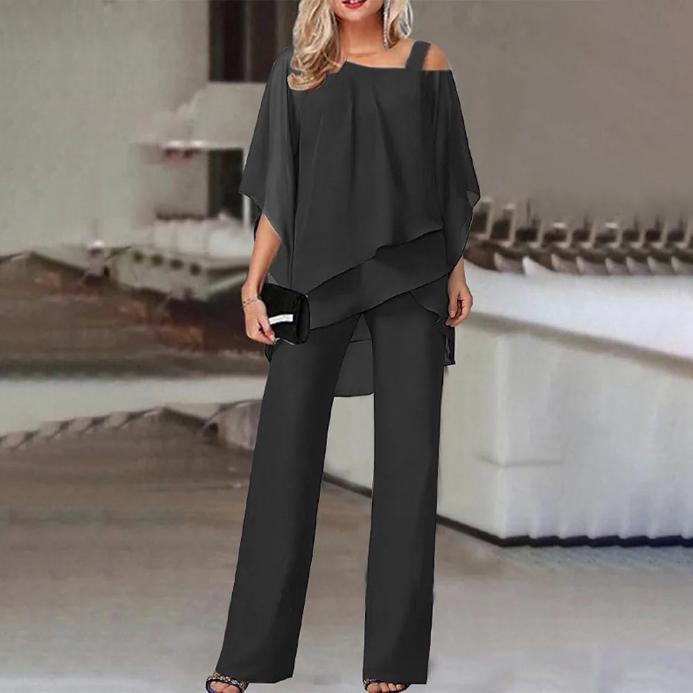 Women's Off-Shoulder Batwing Blouse and Wide-Leg Pants Set