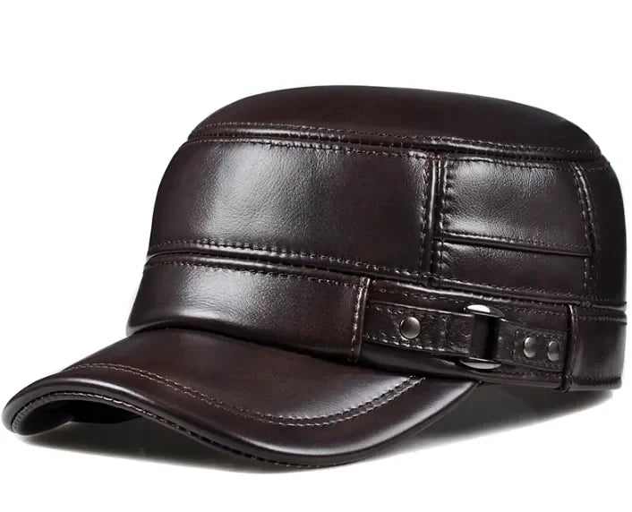 Men's Winter Genuine Leather Flat Military Baseball Cap, Ear Warm Hat