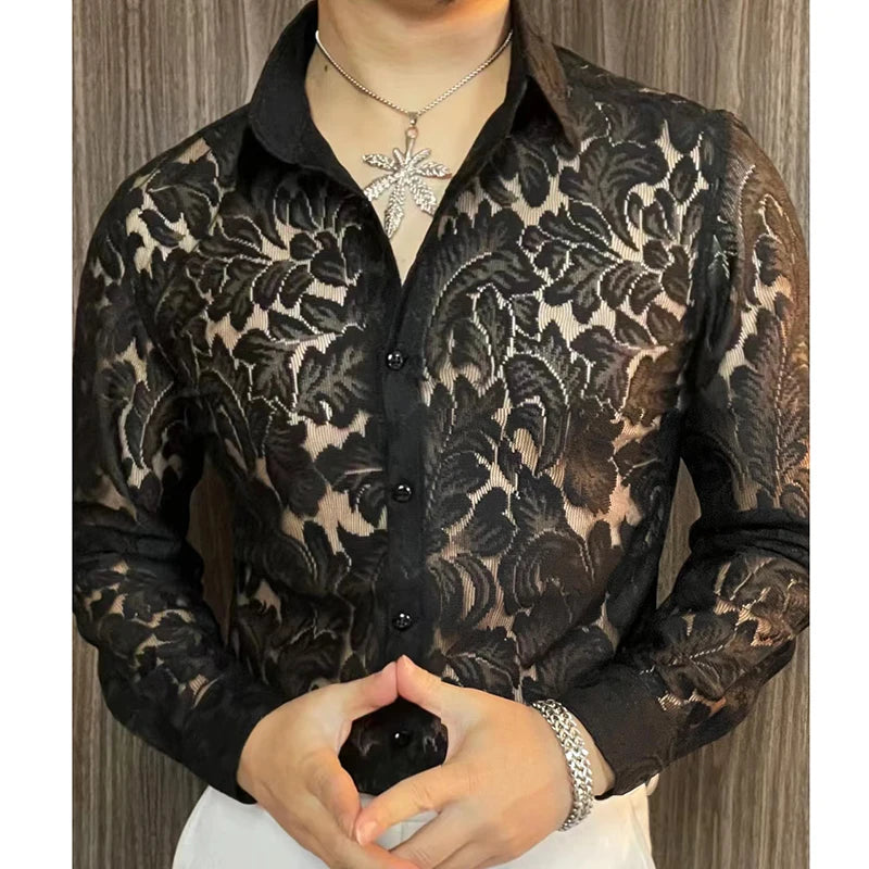 Men's Slim Fit Semi-Sheer Long Sleeve Nightclub Party Shirt