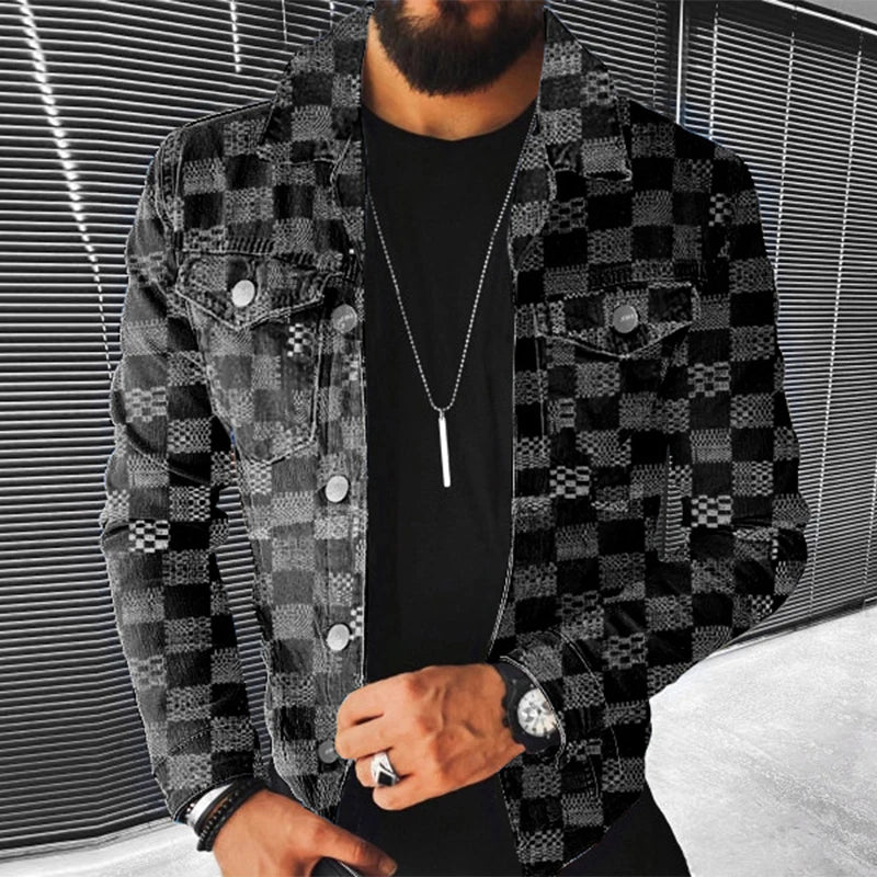 Men's Hip Hop Plaid Denim Jacket Long Sleeve Streetwear Coat