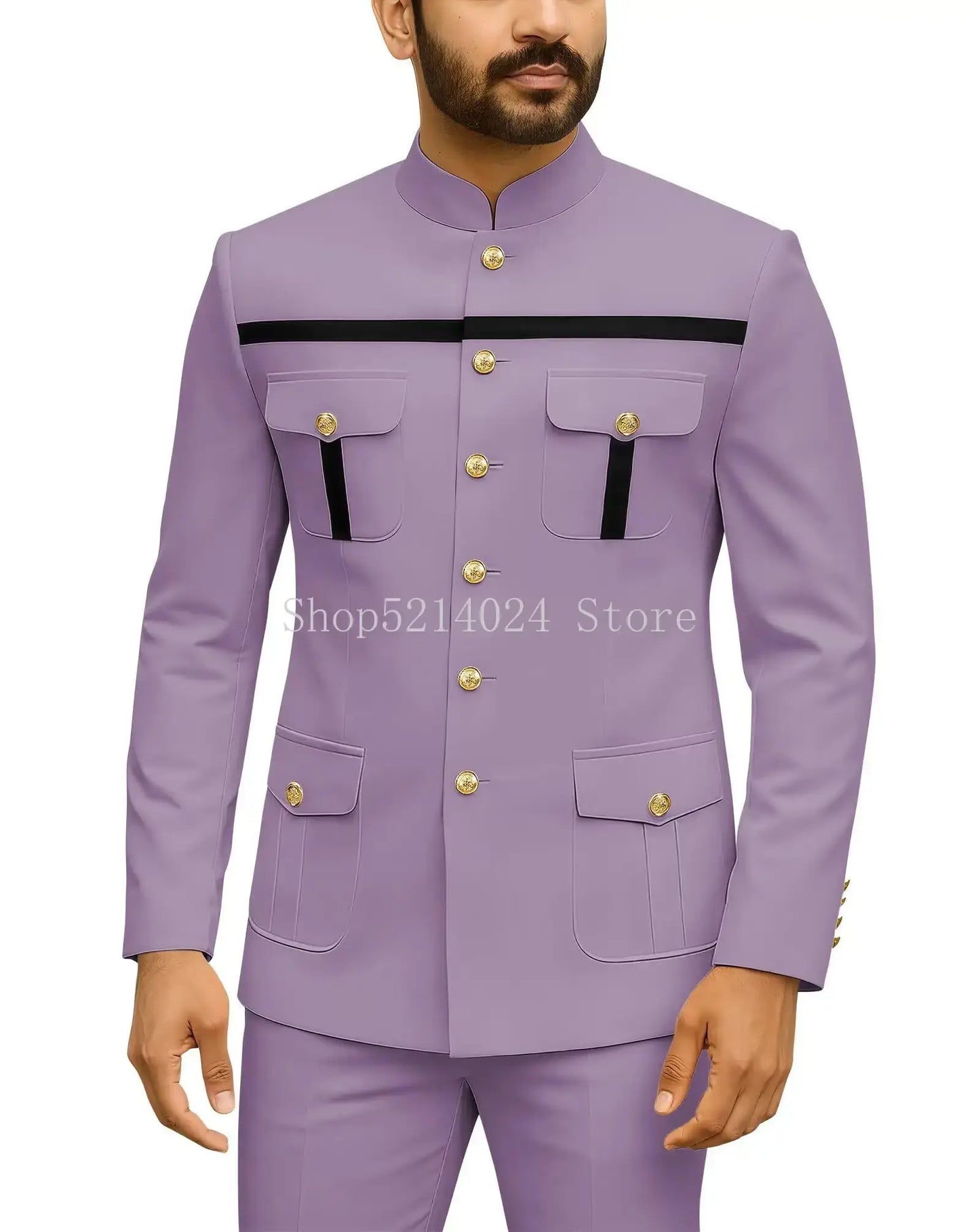 Herren Safari-Anzug 2-teilig Regular Fit Chinakragen Goldknopf Blazer Hose Set Afrikanische Outfits