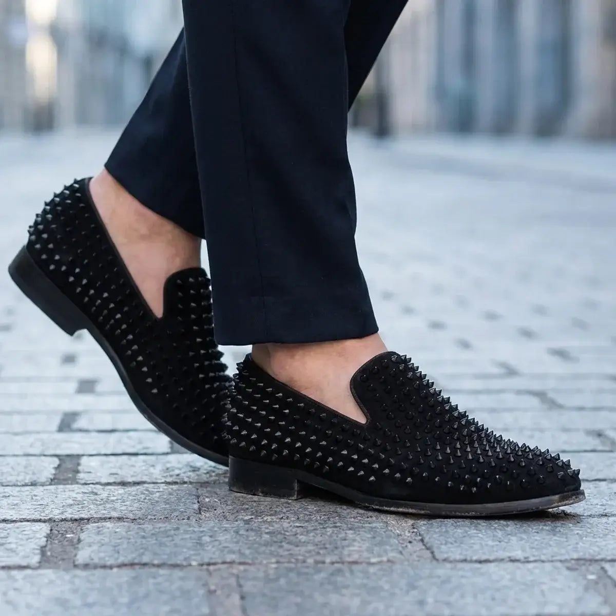 Men's Handmade Spike Loafers Black Glitter Fashion Shoes with Shining Rivets for Party And Wedding Runway Style