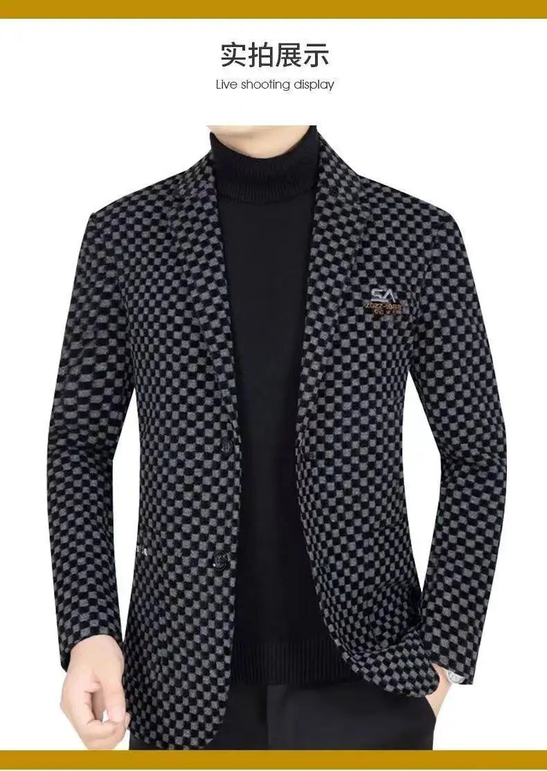 Men's Winter Velvet Woolen Thick Wedding Blazer, Business Dress Coat