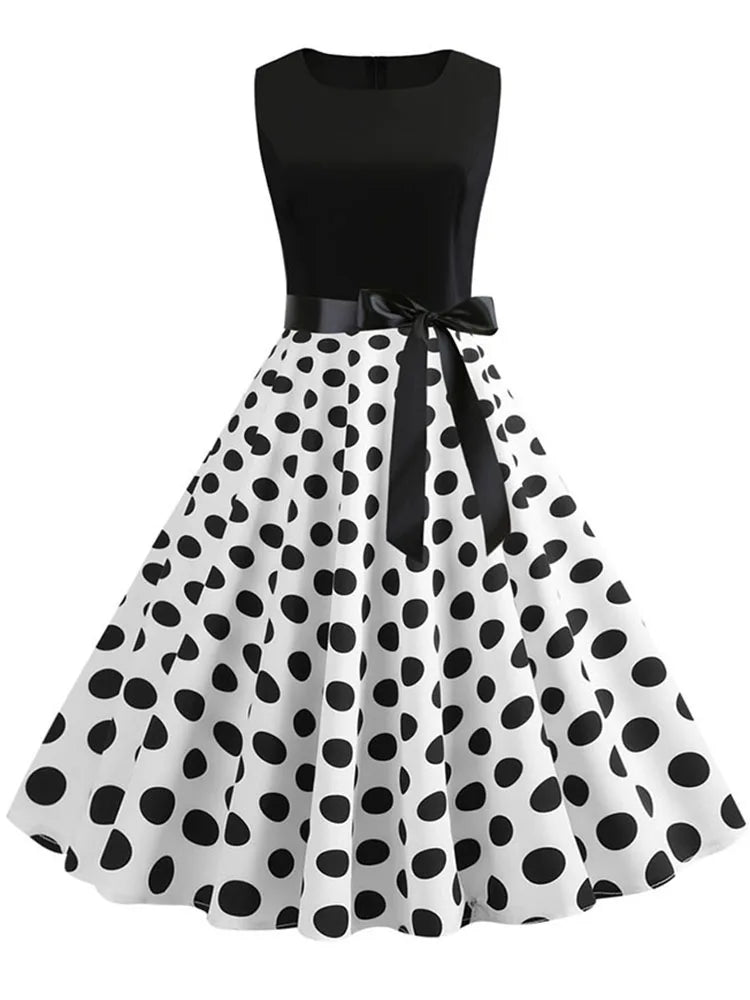 Black White Polka Dot Summer Dress Women Sleeveless Vintage 50s 60s Party Office Dresses