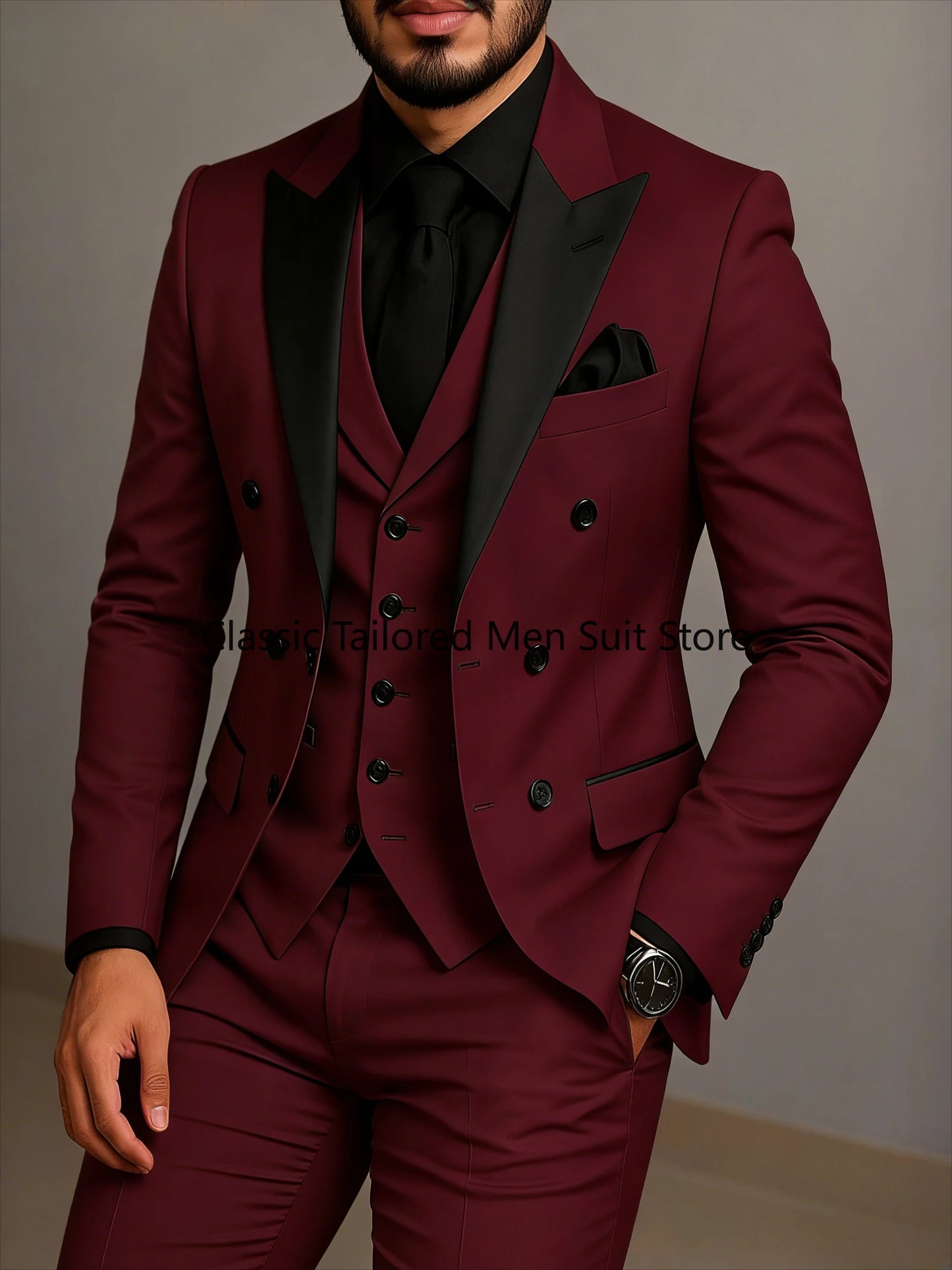 Beige Double Breasted Suit Black Lapel Slim Fit Wedding Suit