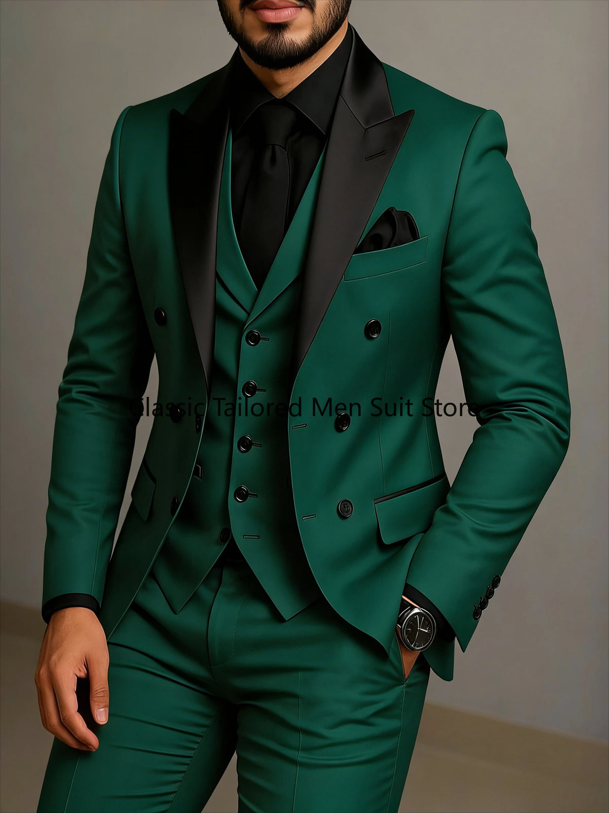 Beige Double Breasted Suit Black Lapel Slim Fit Wedding Suit