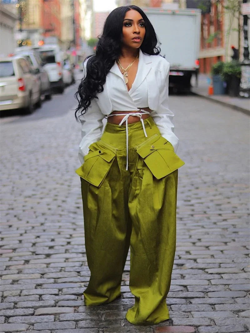 Women's Solid Multi-Pocket High-Waist Wide-Leg Trousers
