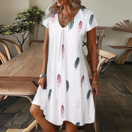 Feather Print Dresses Women Summer 2023 Clothing Short Sleeve V-Neck Mini Dress Elegant Bohemian Trendy Sundress Beach Vestidos