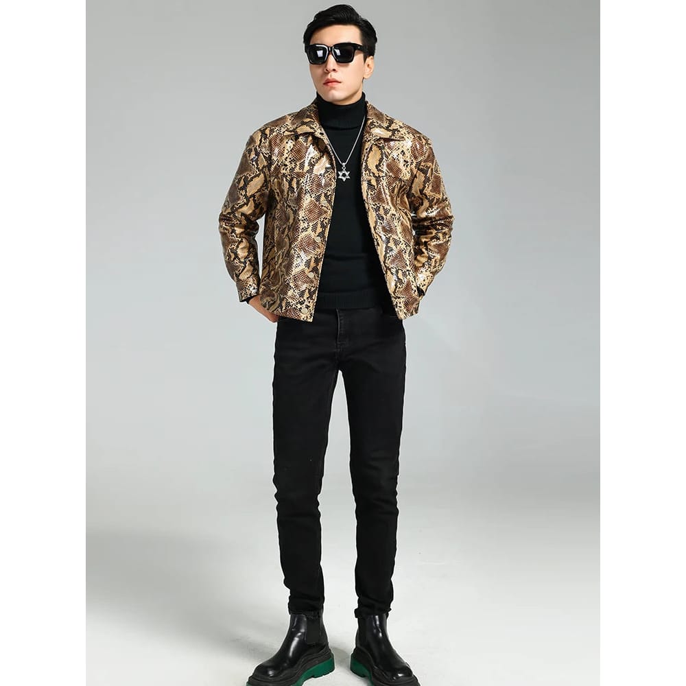 Nerazzurri Autumn Short Handsome Cool Colorful Snakeskin Print Pu Leather Jacket Men Luxury European Style Clothes 2023 EU Size