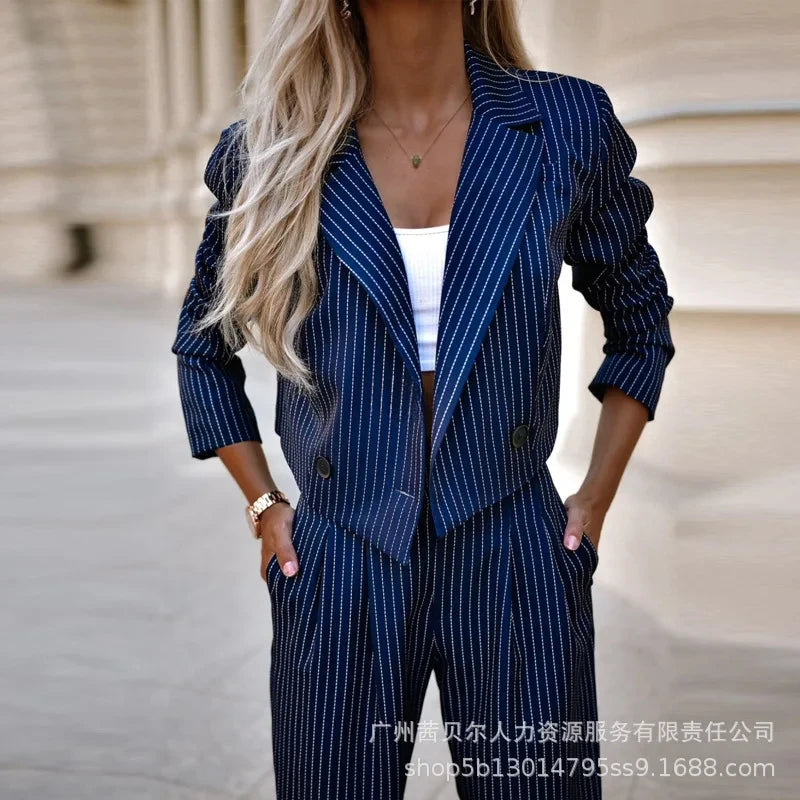 Women's Striped Two-Piece Cardigan and Wide-Leg Pants Set