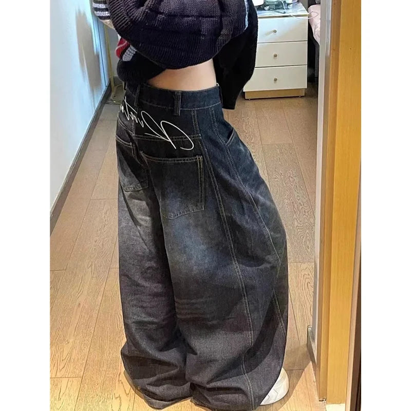 Women's Black High Waist Baggy Straight Wide Leg Jeans