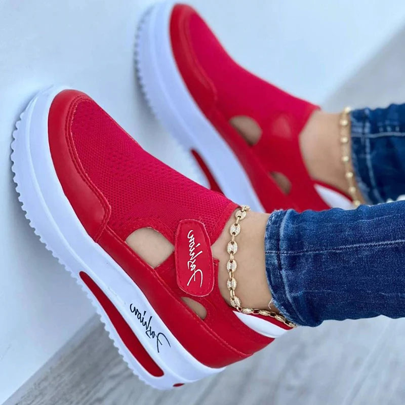 Women's Red Canvas Platform Hollow-Out Tennis Sneakers