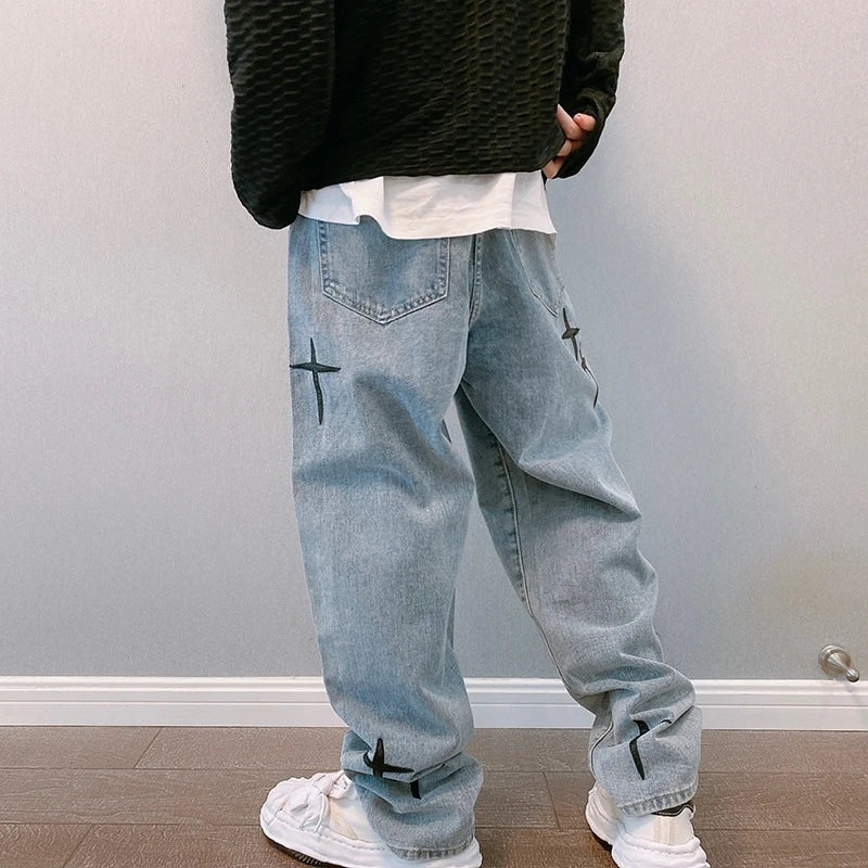 Men's Streetwear Baggy Wide-Leg Straight Denim Cargo Jeans