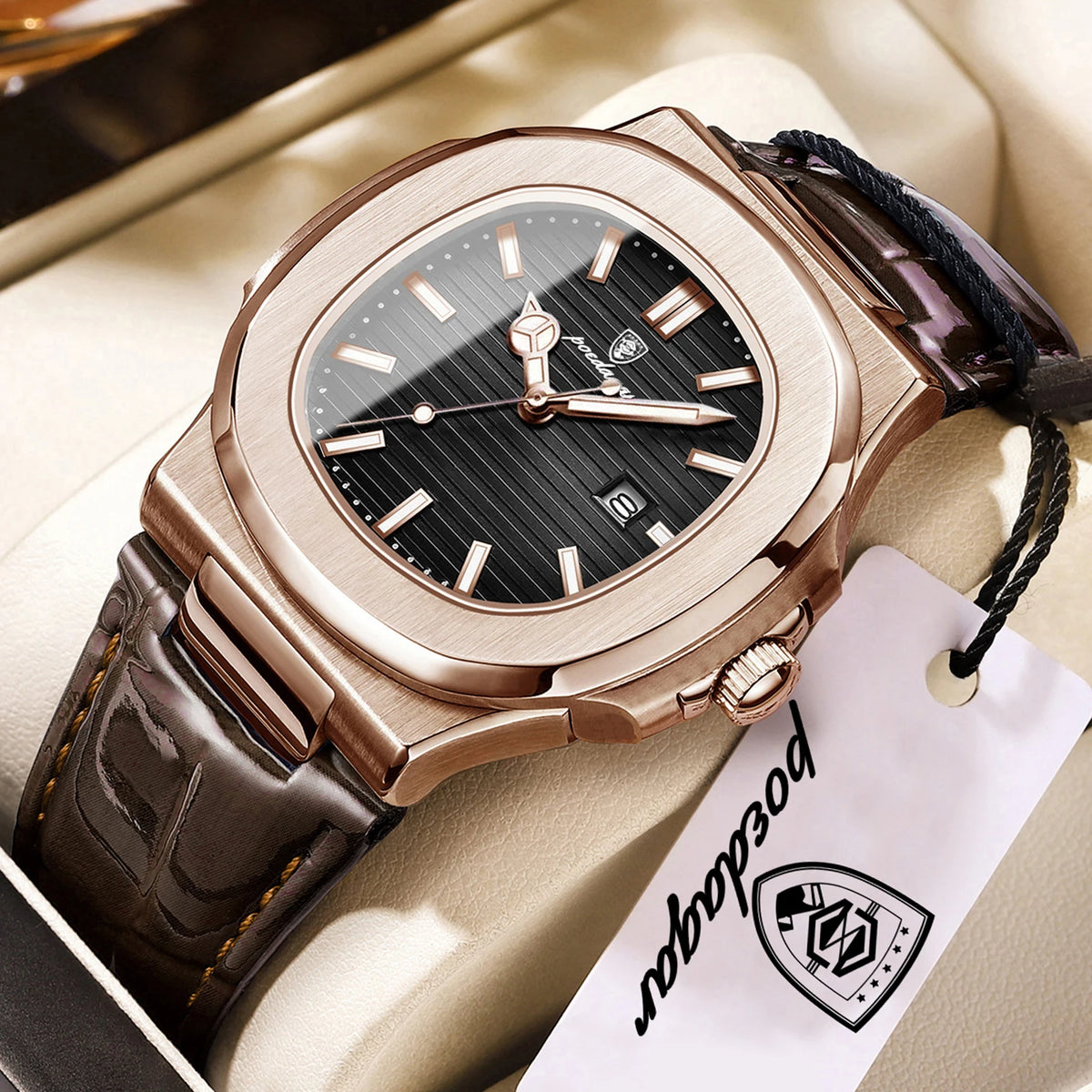 Reloj de hombre POEDAGAR con esfera cuadrada, fecha, resistente al agua, luminiscente y de lujo, reloj de pulsera masculino de alta calidad con correa de cuero, reloj de cuarzo para hombre con caja