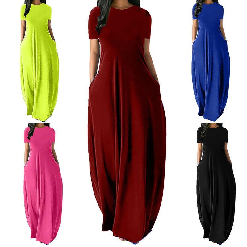 Women's Loose Crew-Neck Pocket Maxi Dress, Short Sleeve 5XL