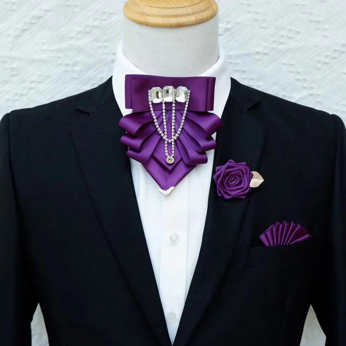 Men's Rhinestone Tassel Bow Tie and Brooch 3-Piece Set