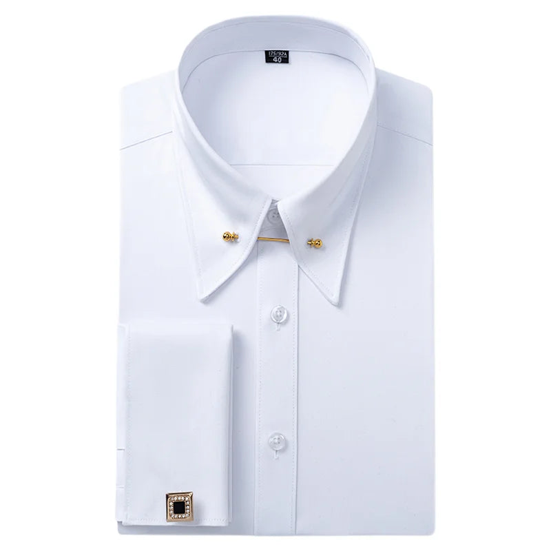 Embroidered French Cufflinks Men's Long-Sleeve Shirt with Collar Pins, Big Collar Dress Shirt for Business Formal Wear, Gentlema