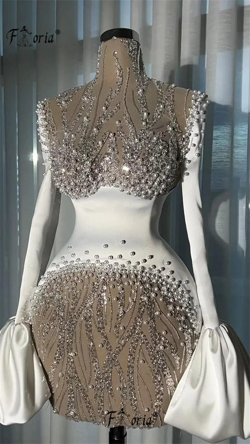 Fashion Short Cocktail Dress Pearls Sequin See Through Flare Sleeves Mini Graduation Party Dress Birthday Prom Gowns Customized