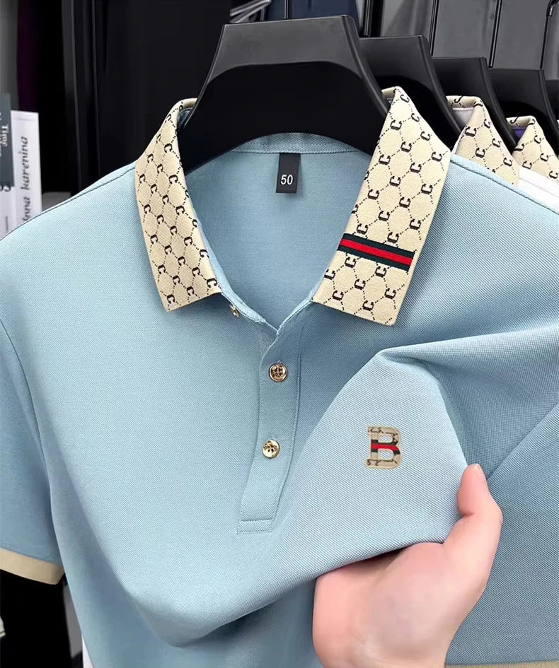 Tricou polo bărbătesc de vară, cu litera B imprimată în relief, mânecă scurtă, ușor și respirabil, modă nouă, cu rever și design color block