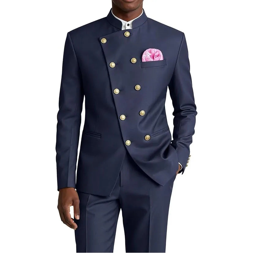 Men's Business Casual Suit 2 Piece Brown Mandarin Collar Double Breasted With Gold Buttons