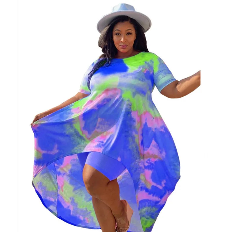 Women's Plus Size Tie-Dye Tank Top and Shorts Summer Set