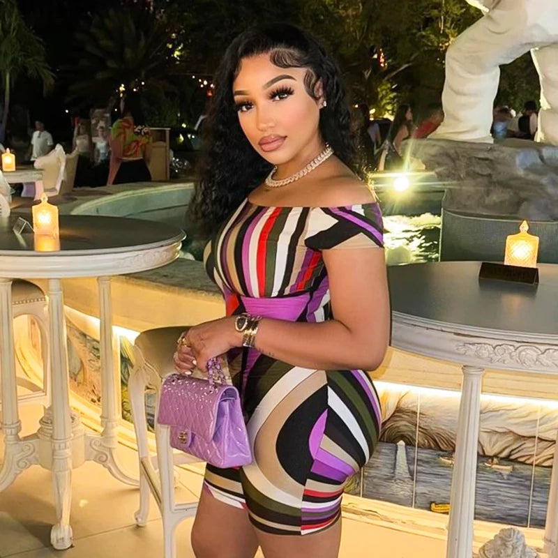 CUTENOVA Colorful Striped Print Playsuits Women Sexy Off Shoulder Short Sleeve Slim One Piece Overalls 2024 Summer Y2K Streetwea