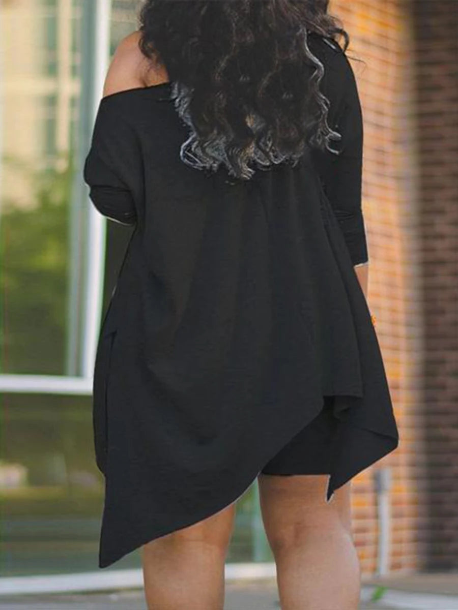 LW Plus Size Women's Casual Outfits Two Piece Set Plus Plain One Shoulder Asymmetrical Hem Top & Shorts Outfits 2 Piece Set