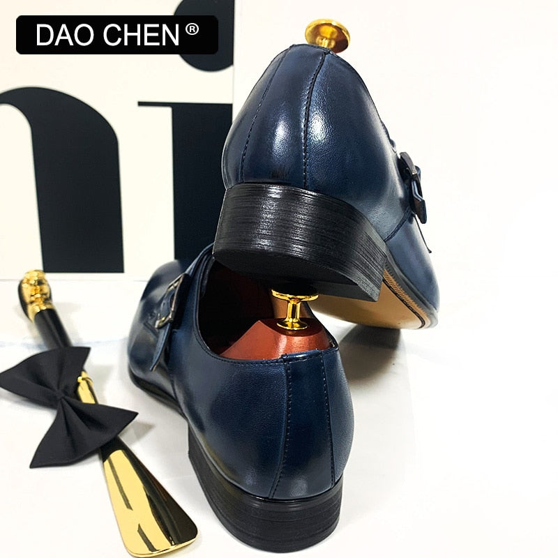 DAOCHEN MEN LEATHER SHOES BLACK BLUE MONK STRAP LOAFERS SLIP ON LUXURY BRAND CASUAL MENS DRESS SHOES WEDDING OFFICE MEN'S SHOES