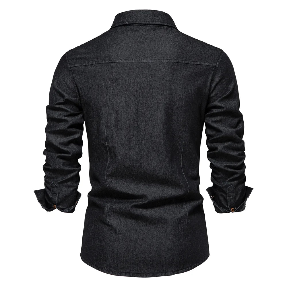 Men's Elastic Cotton Denim Long Sleeve Shirt