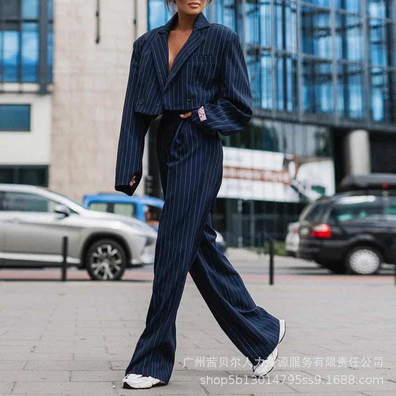 Women's Striped Two-Piece Cardigan and Wide-Leg Pants Set