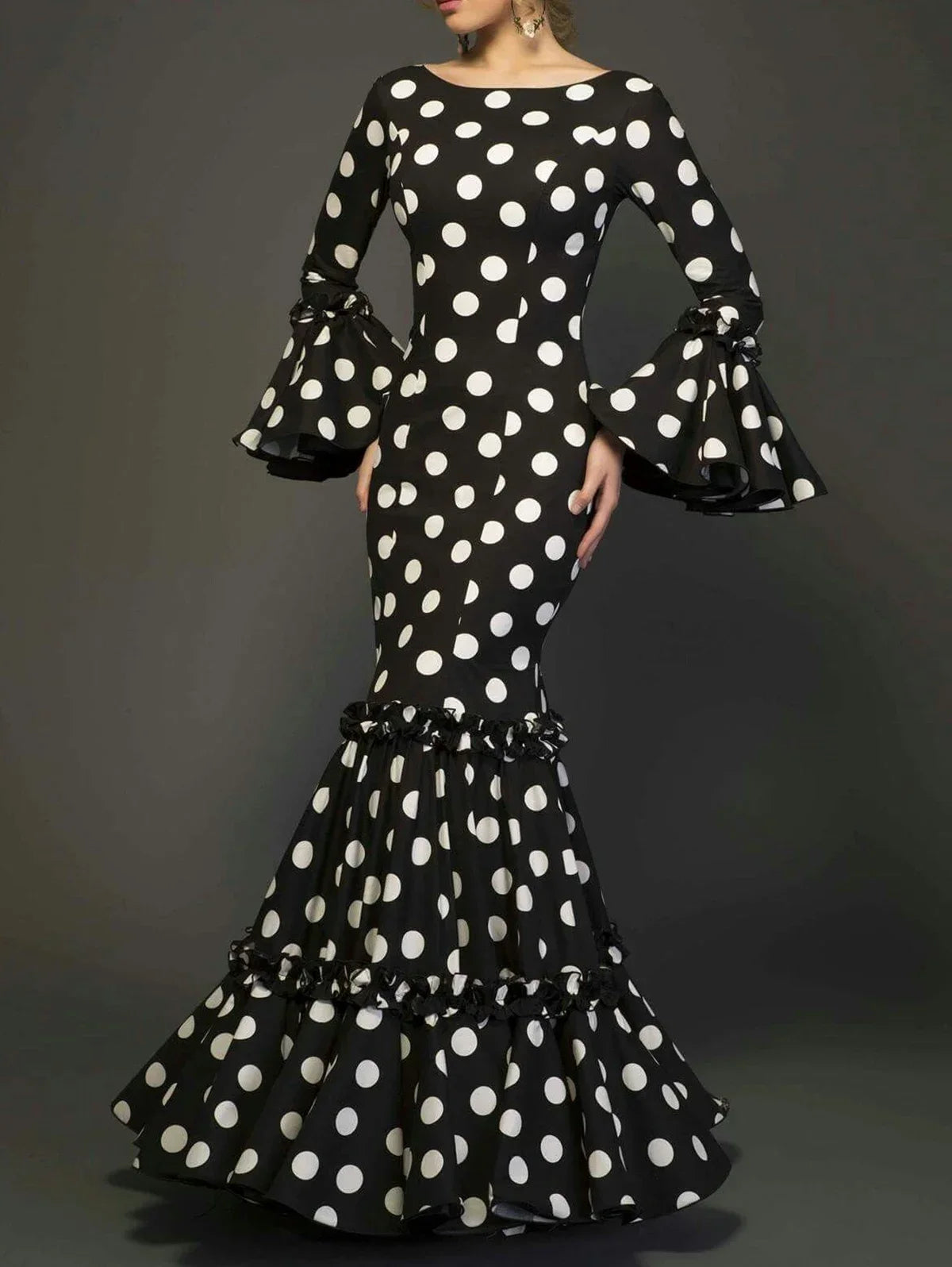 Women's Polka Dot Ruffle Hem Flare Sleeve Maxi Dress