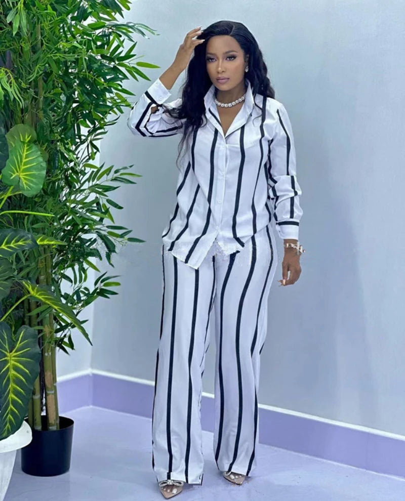 Women's African Stripe Shirt and Wide-Leg Pants Set