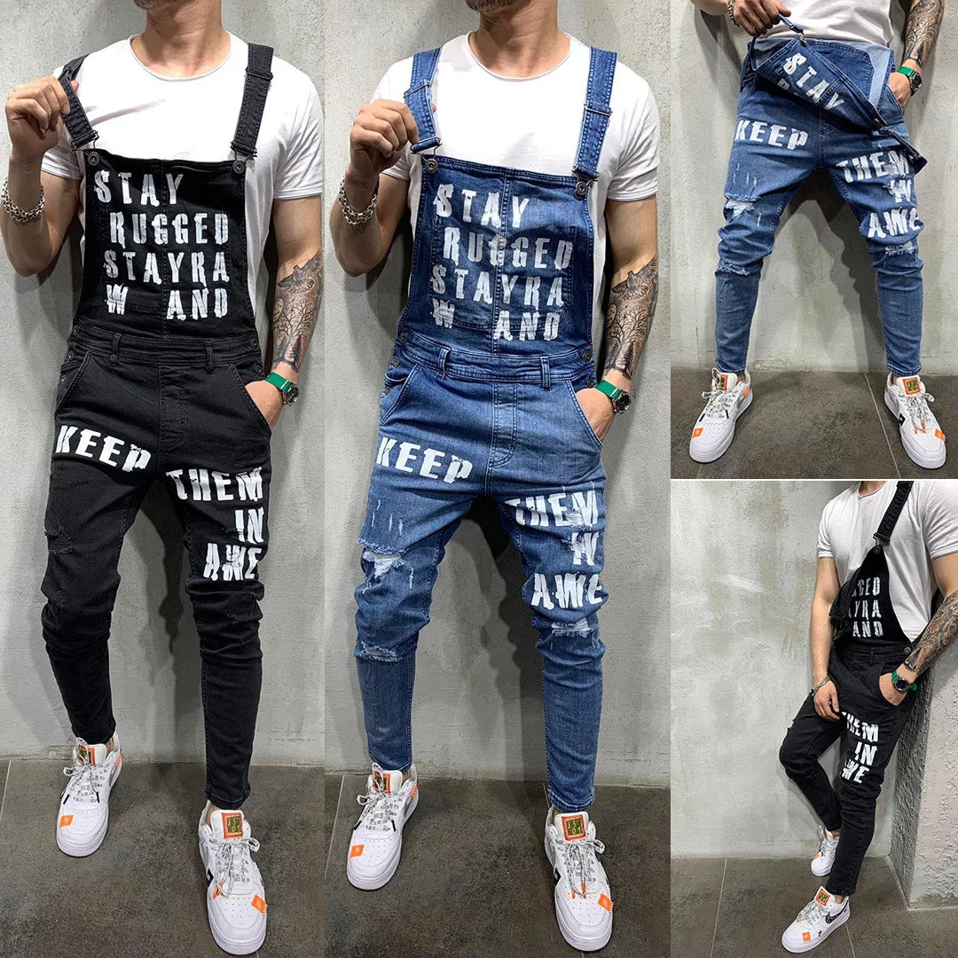 Men's Letter Print Ripped Denim Overalls Jumpsuit Streetwear