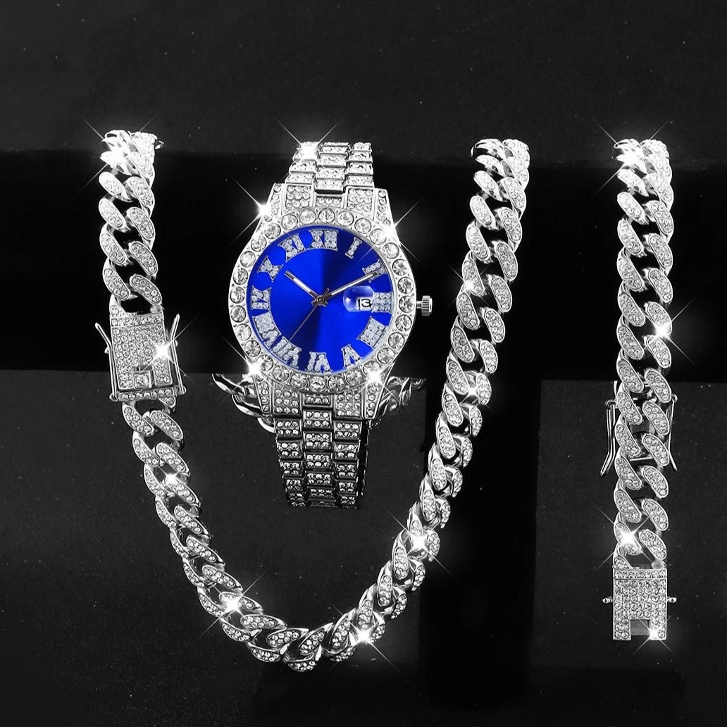 3PCS/Set Luxury Diamond Men's Watches Fashion Roma Dial Stainless Steel Band Quartz Watch Jewelry Set Reloj Hombre(Without Box)