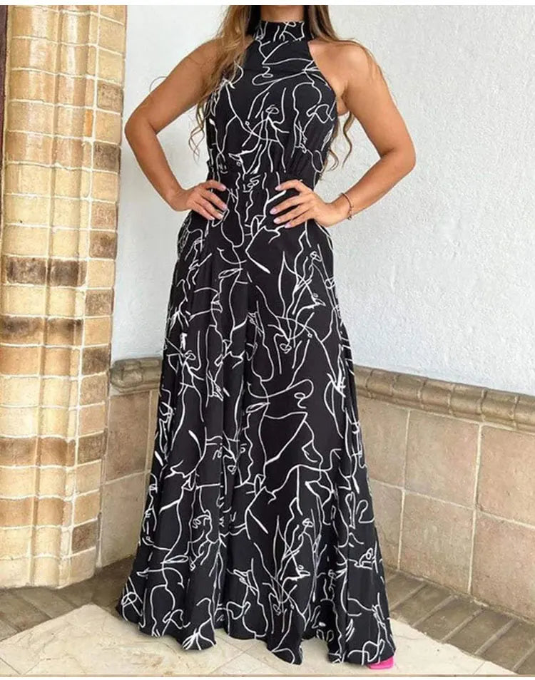 Women's Print Halter Wide-Leg Sleeveless Jumpsuit