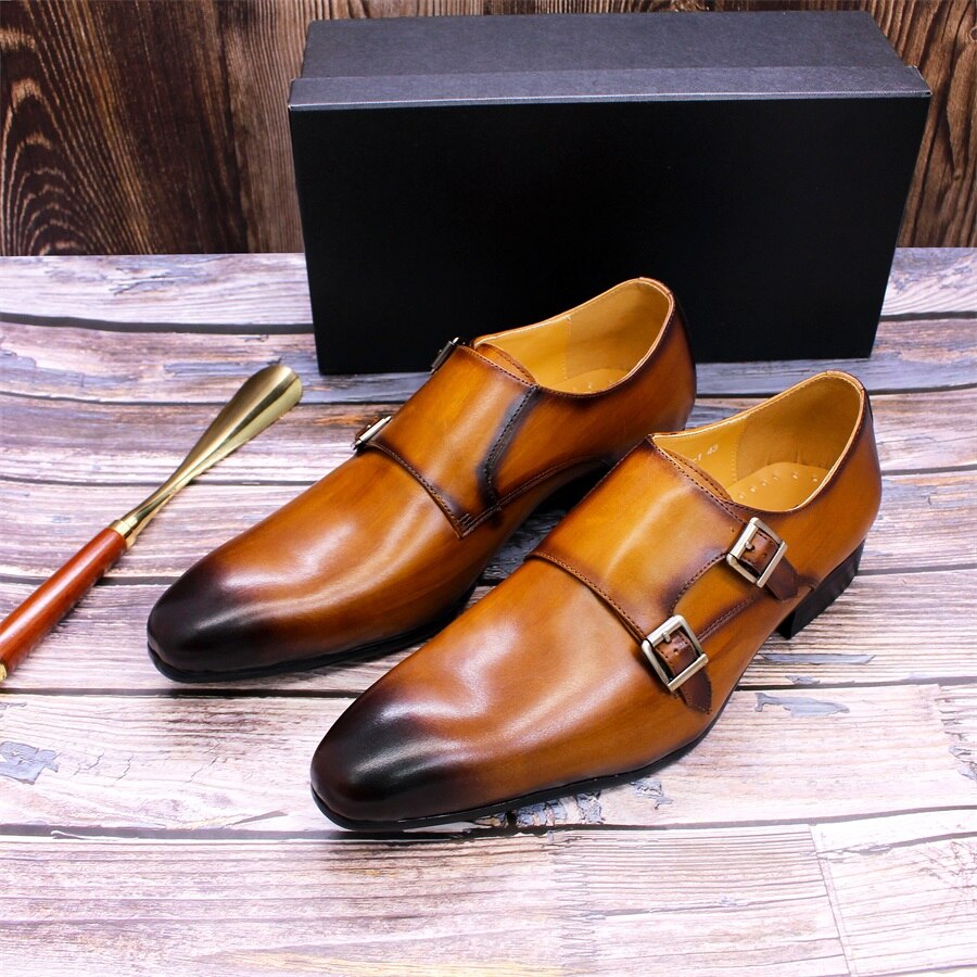 Men's Calf Leather Double Buckle Monk Strap Dress Shoes