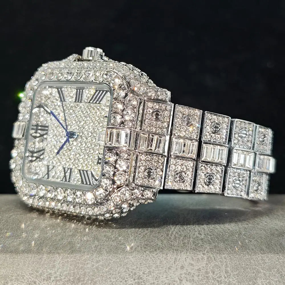Men's iced-out diamond watch bracelet detail