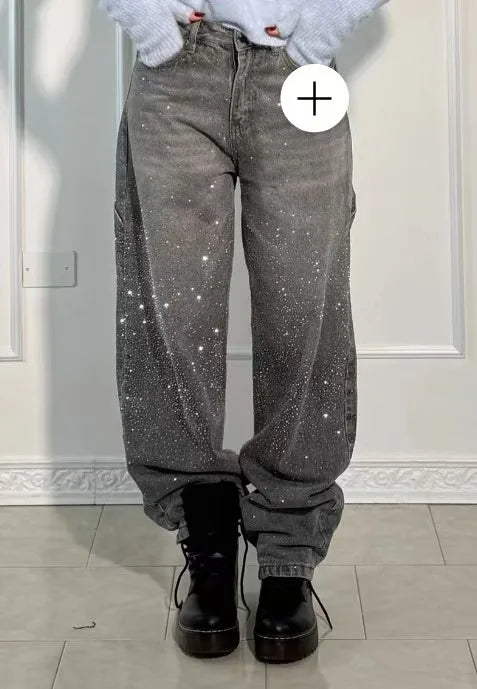 Women's Rhinestone Baggy Wide-Leg Washed Denim Jeans