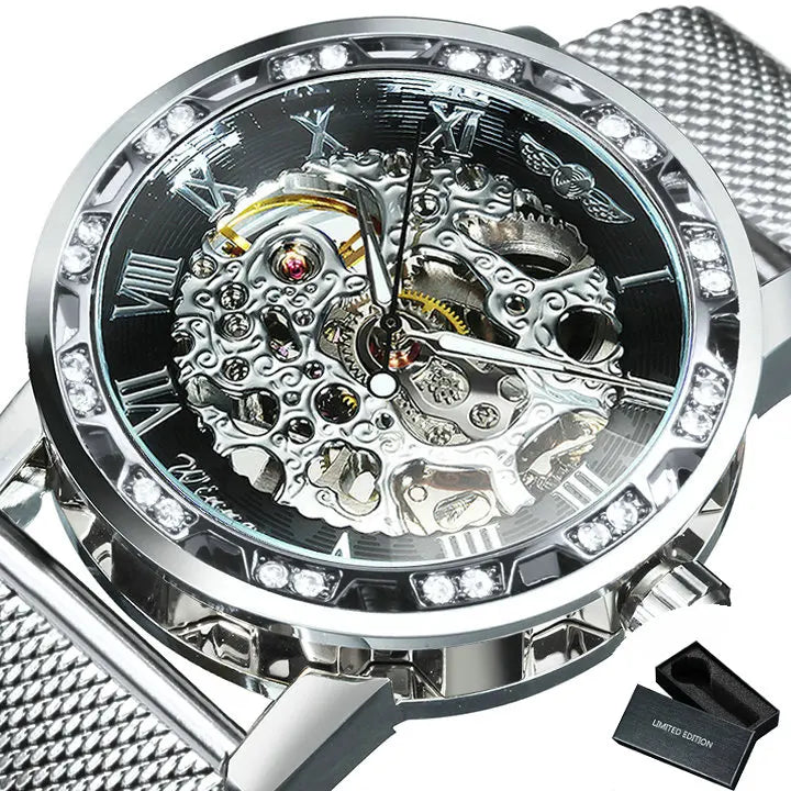 WINNER Classic Retro Mechanical Watches Luxury Iced Out Blue Skeleton Watch for Men Luminous Hands Mesh Stainless Steel Strap