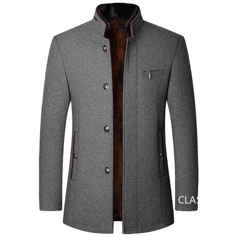 Men's Wool Cashmere Stand Collar Winter Trench Blazer Coat