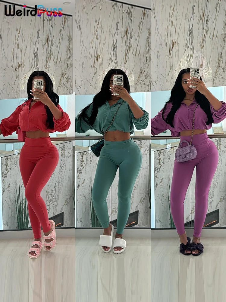Women's Autumn Zip Drawstring Jacket and Leggings Tracksuit Two-Piece