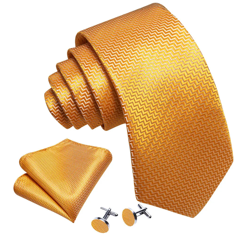 Men's Gold Silk Stripe Necktie Handkerchief Cufflinks Set