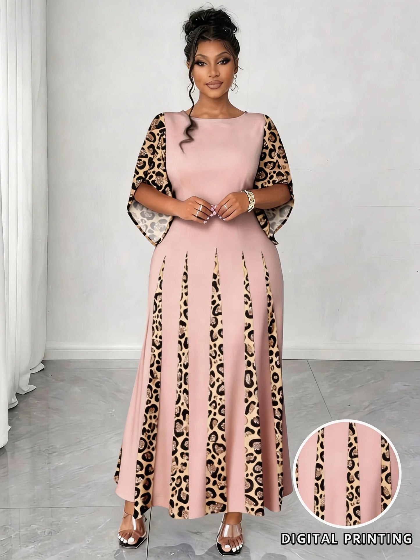 Elegantes Maxikleid mit Leopardenmuster, modisches langärmliges Abendkleid in Übergröße, bequeme und stilvolle Damenbekleidung
