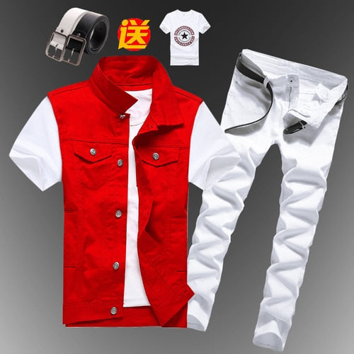 Men's Slim Fit Sleeveless Denim Vest and Jeans Two-Piece Set