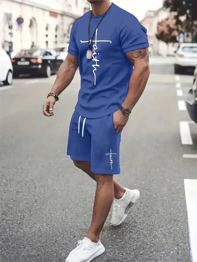 Mens T Shirt Shorts Set Fashion Mens Cross Printed Short Sleeve Two Pieces Oversized Outdoor Beach Sports Men's Plus Size Suit